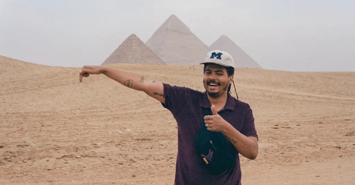 Seth Troxler in Egypt and the cover of his new book.