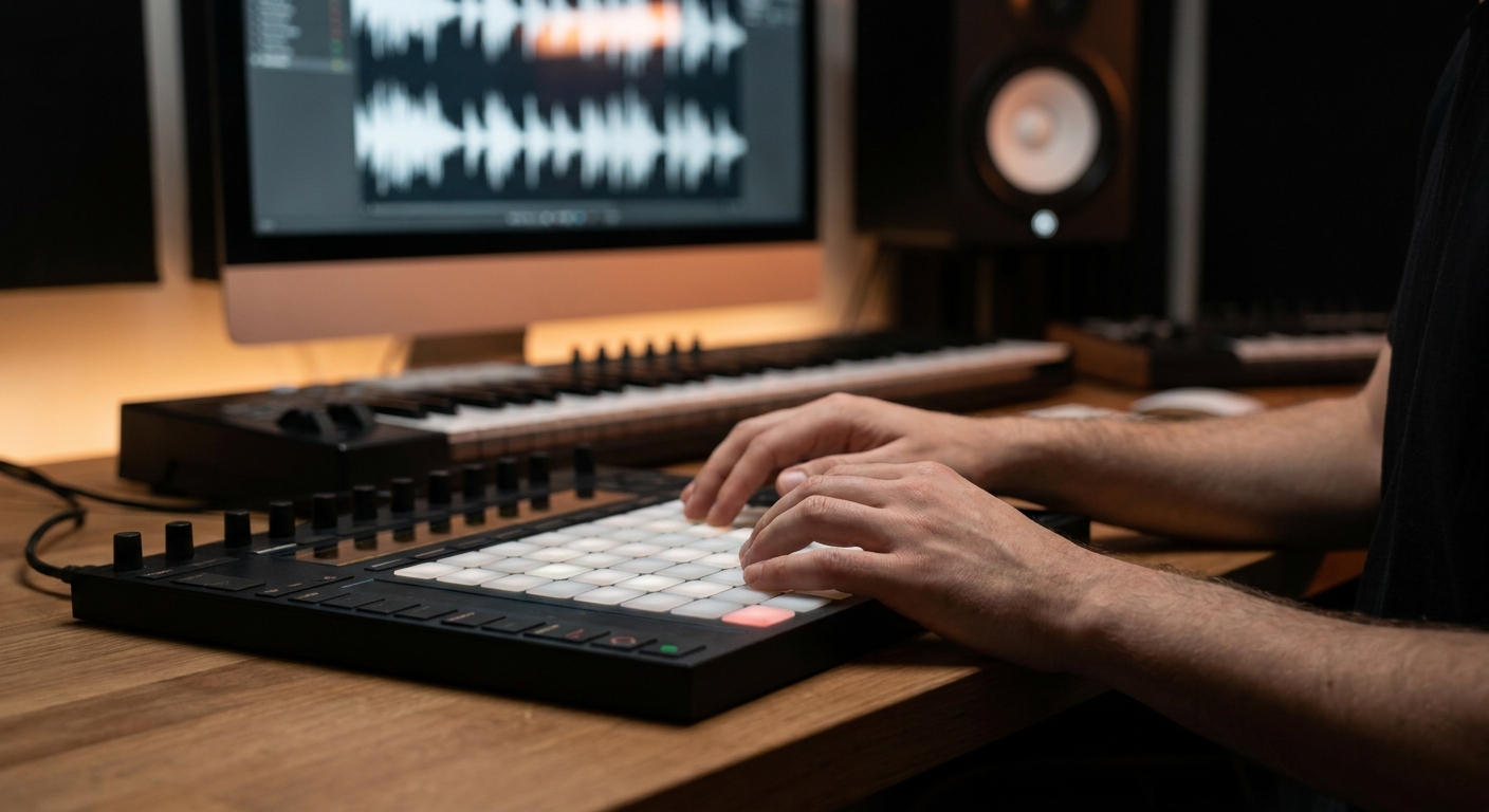 Teclado MIDI y monitores para producir con Ableton Live o FL Studio