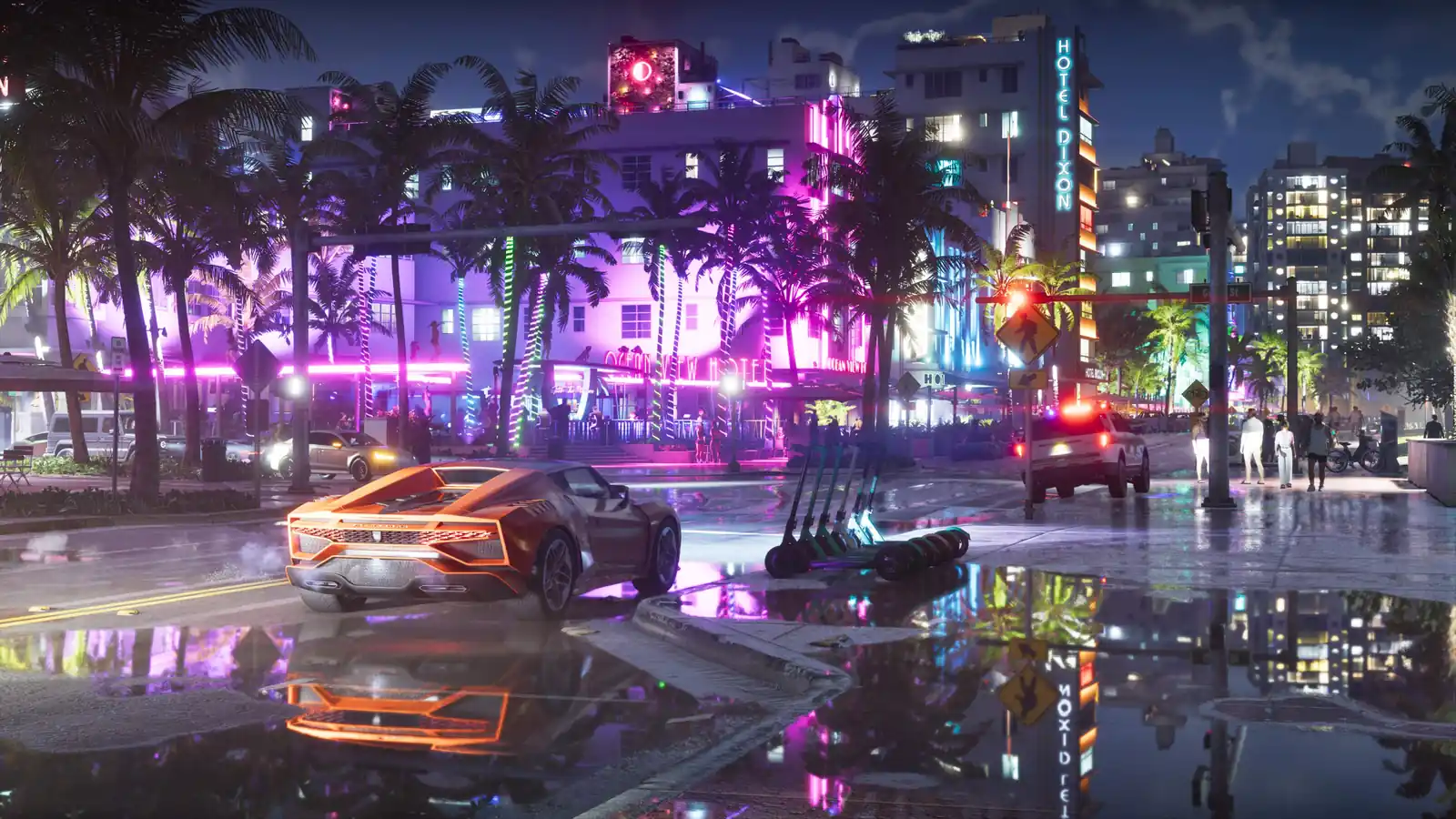 Una avenida de Vice City iluminada con neones en la imagen promocional oficial de GTA VI