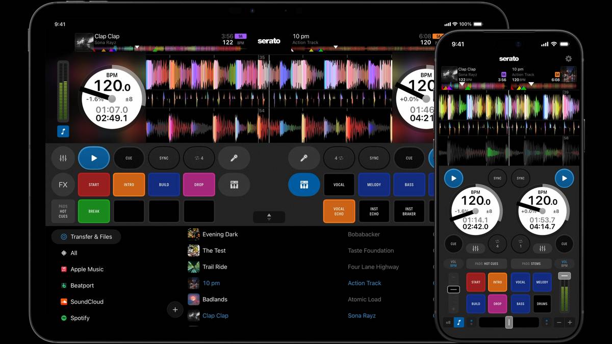 Captura oficial de Serato DJ para iOS con su interfaz de mezcla